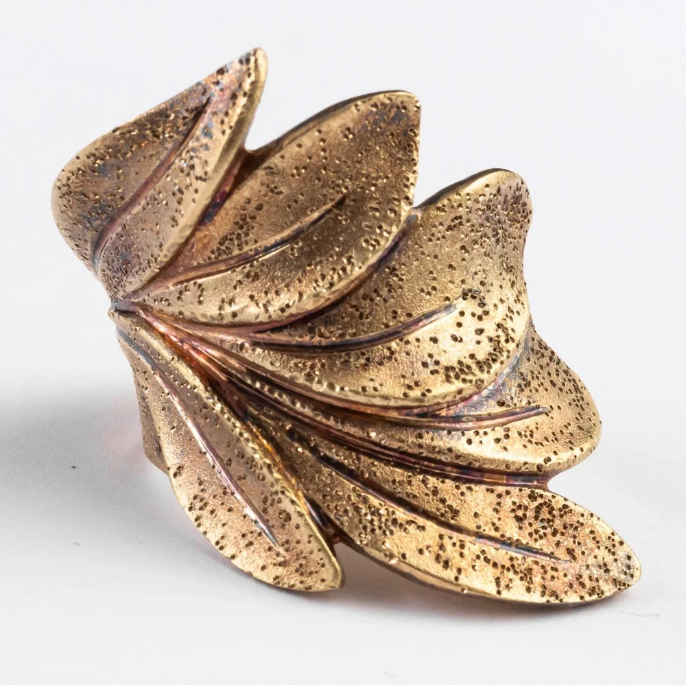 18K yellow gold over sterling silver textured leaf wrap ring 10